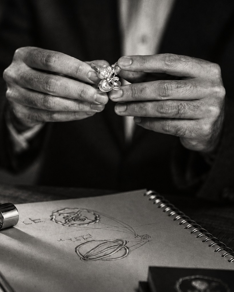A cast rose ring examined by hand above its first sketches in the atelier